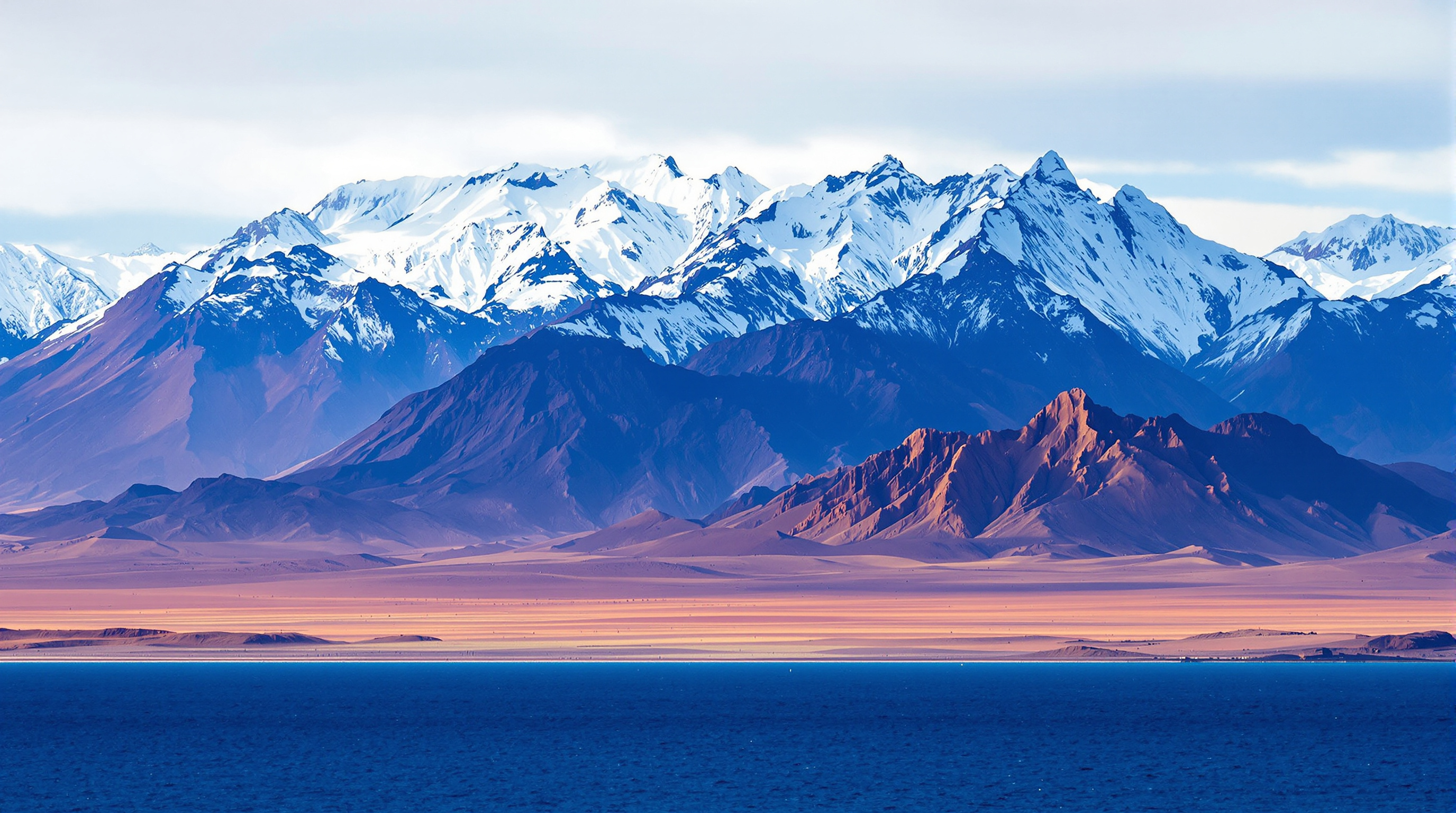 Snow-capped Andes above the red Atacama Desert meeting the blue Pacific coast of Chile