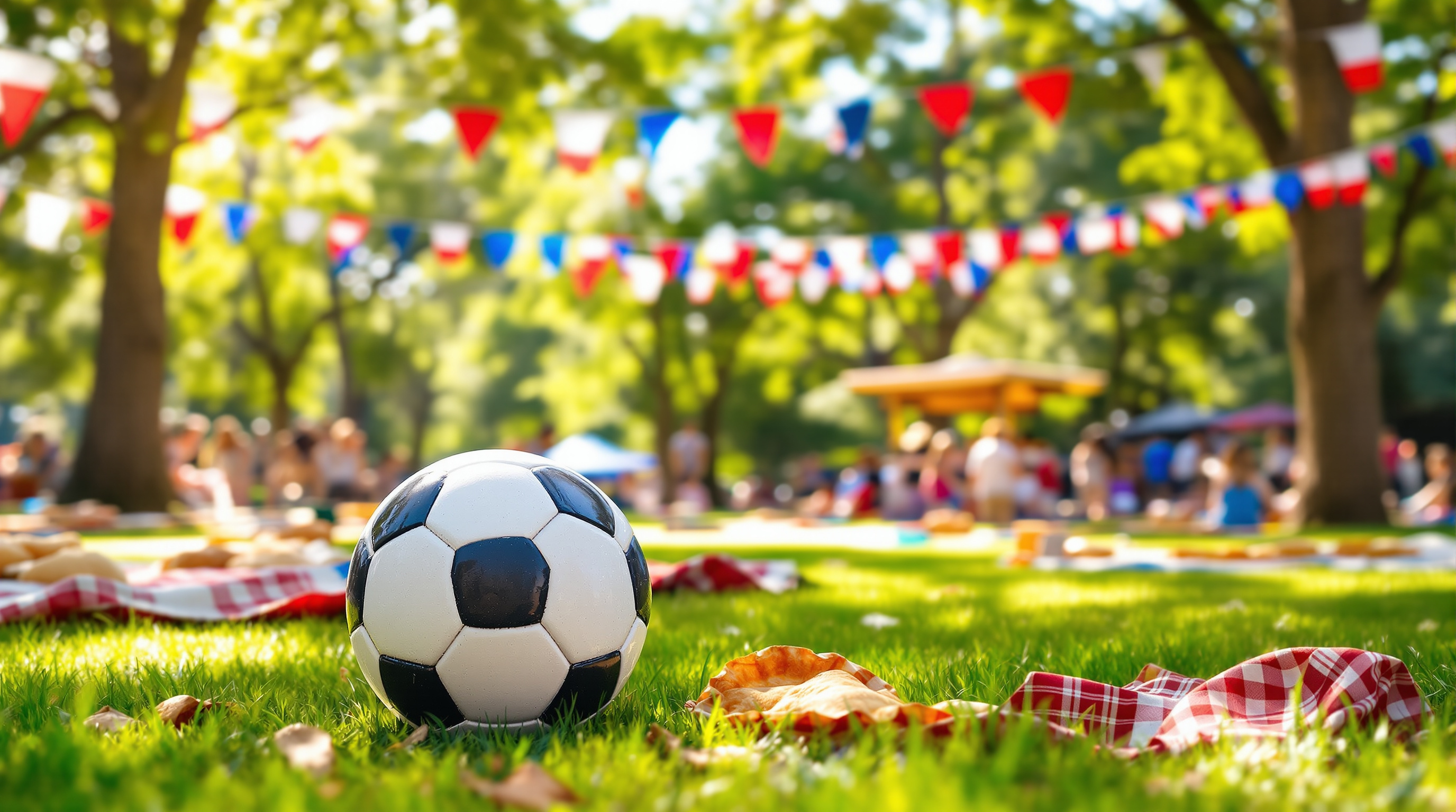 Sunny community family fun day in a green park with Chilean-colour bunting and a soccer ball