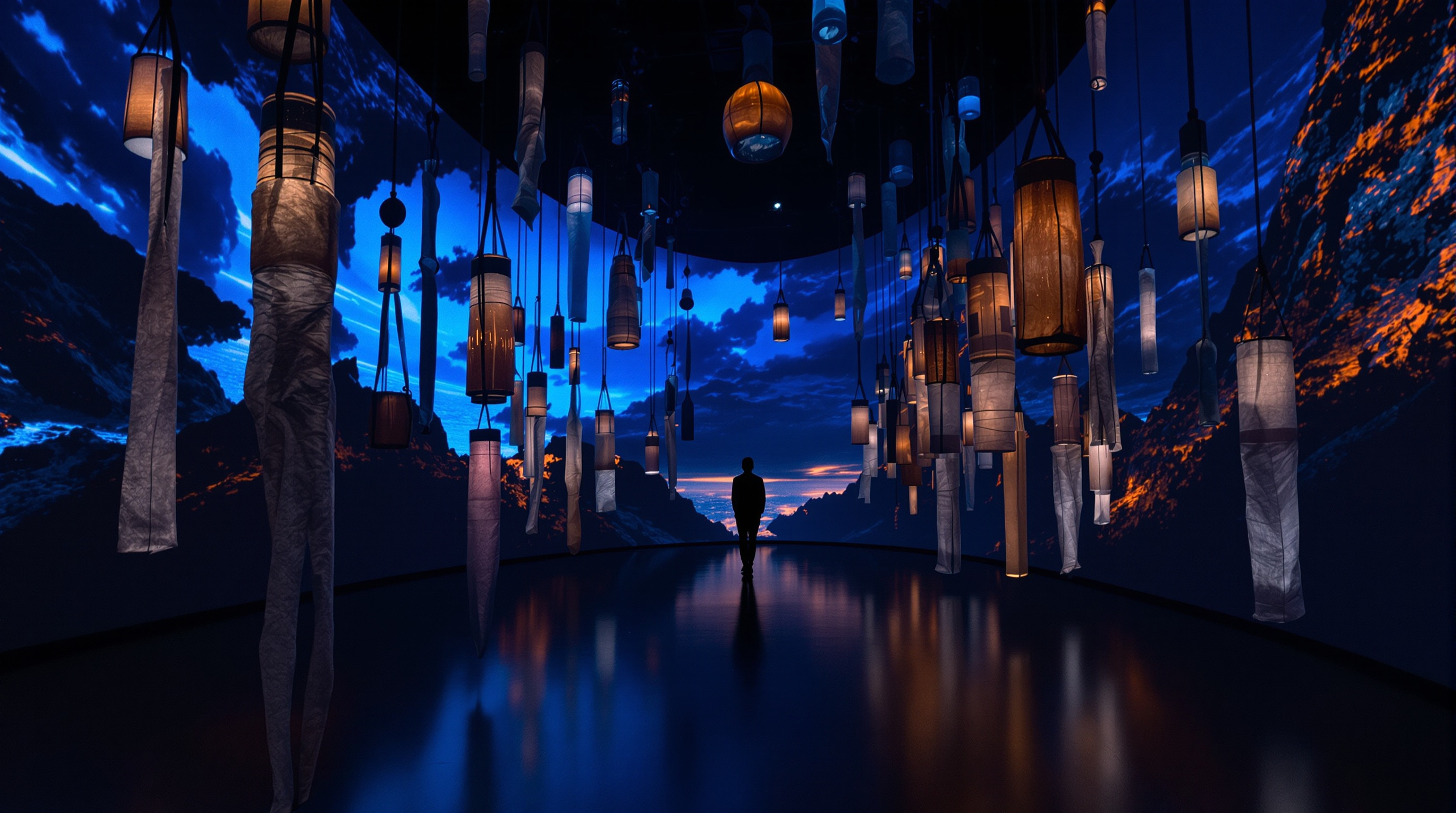 Immersive contemporary art installation in blue and copper light evoking Chilean landscapes