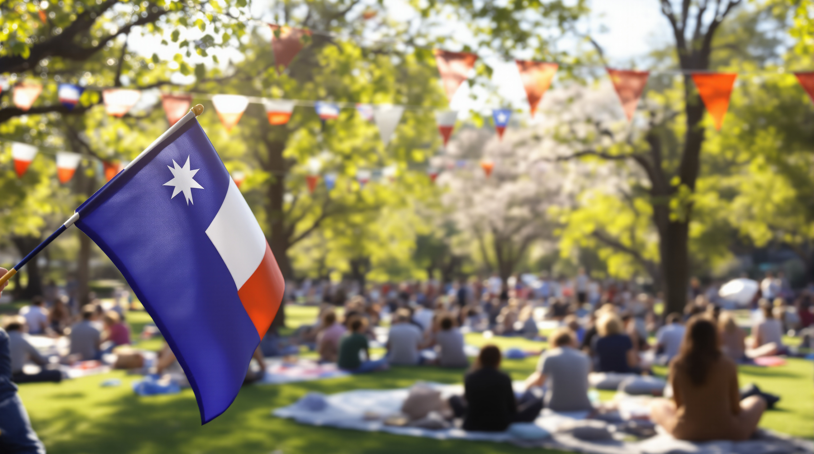 A multicultural community gathering in a sunlit Sydney park with Chilean flags and bunting