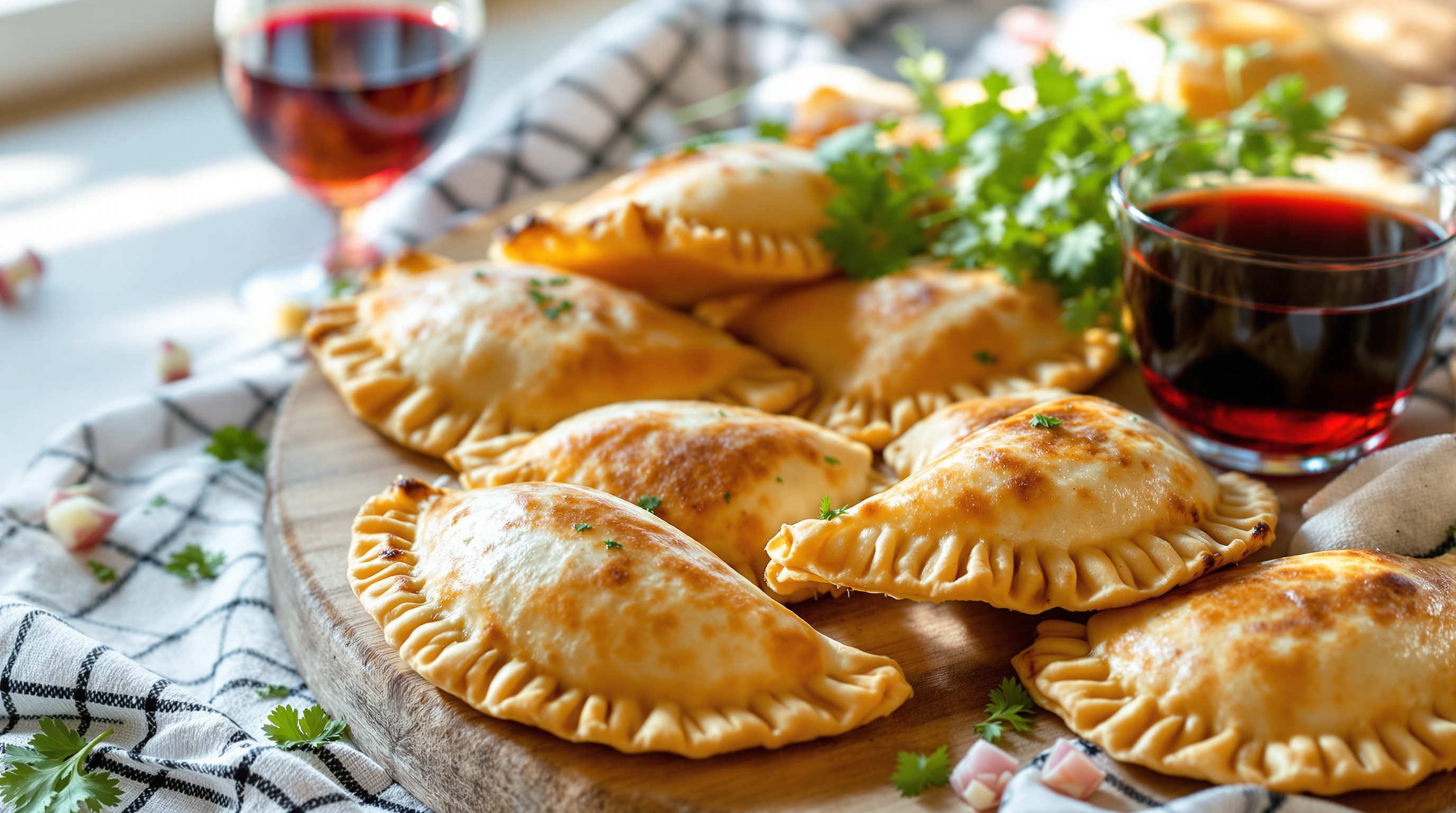 Freshly baked Chilean empanadas de pino on a wooden board with pebre and red wine