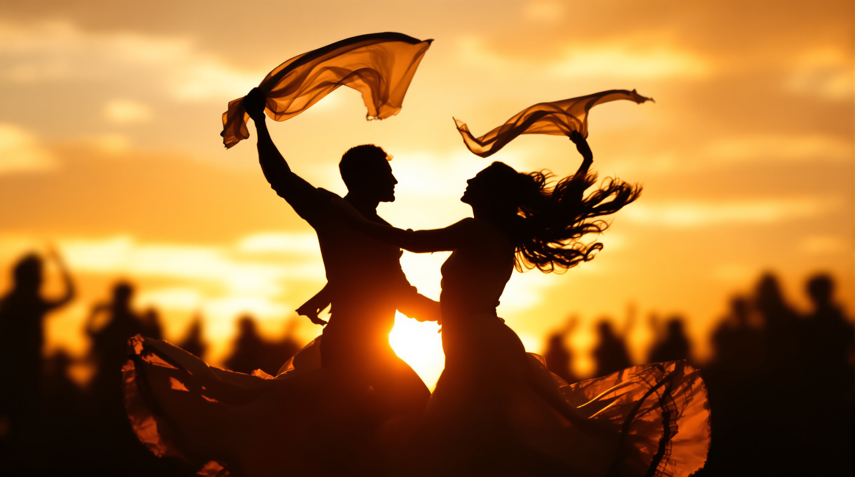 Silhouetted couple dancing the traditional Chilean cueca with handkerchiefs at sunset