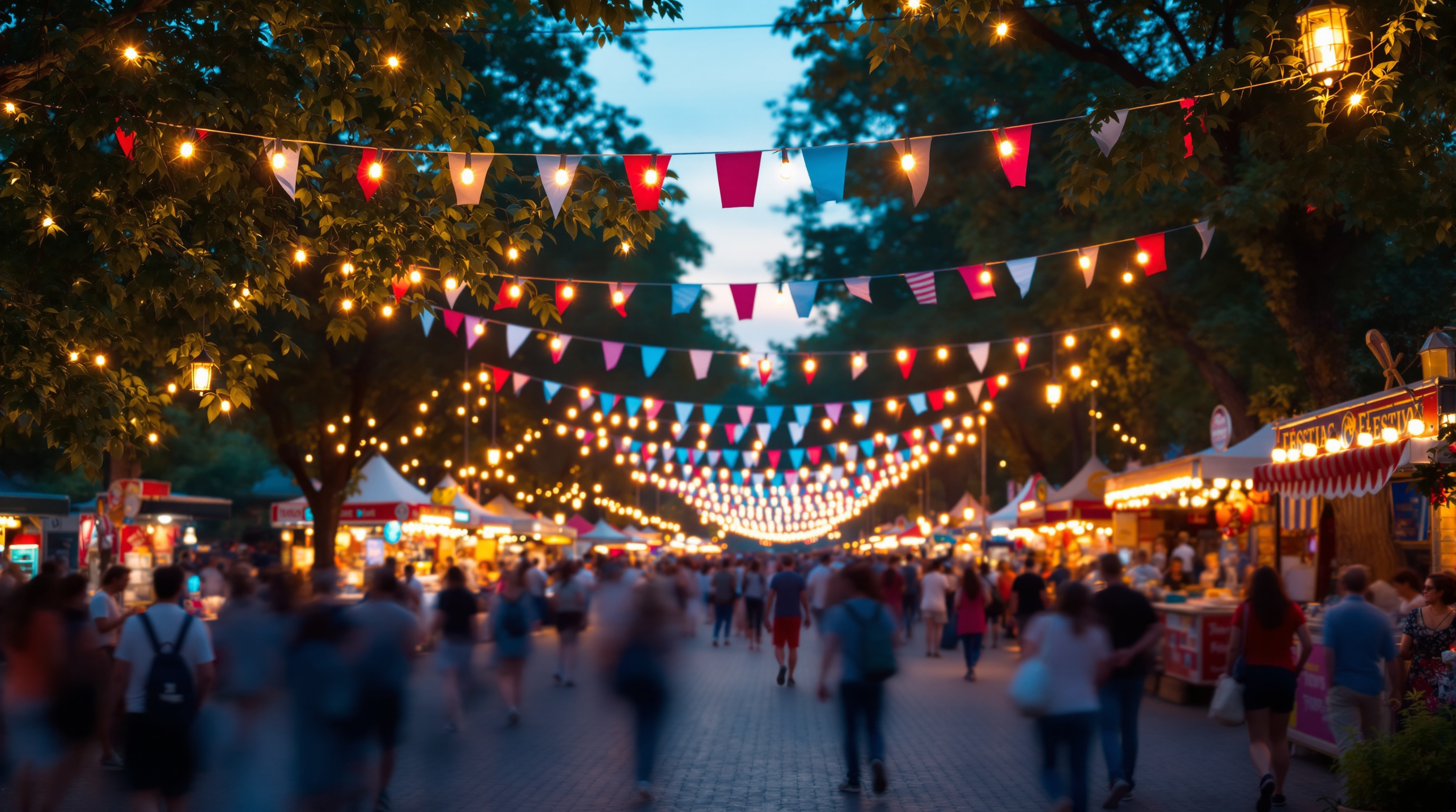 Evening Chilean cultural festival with string lights and blue-white-red bunting in a park
