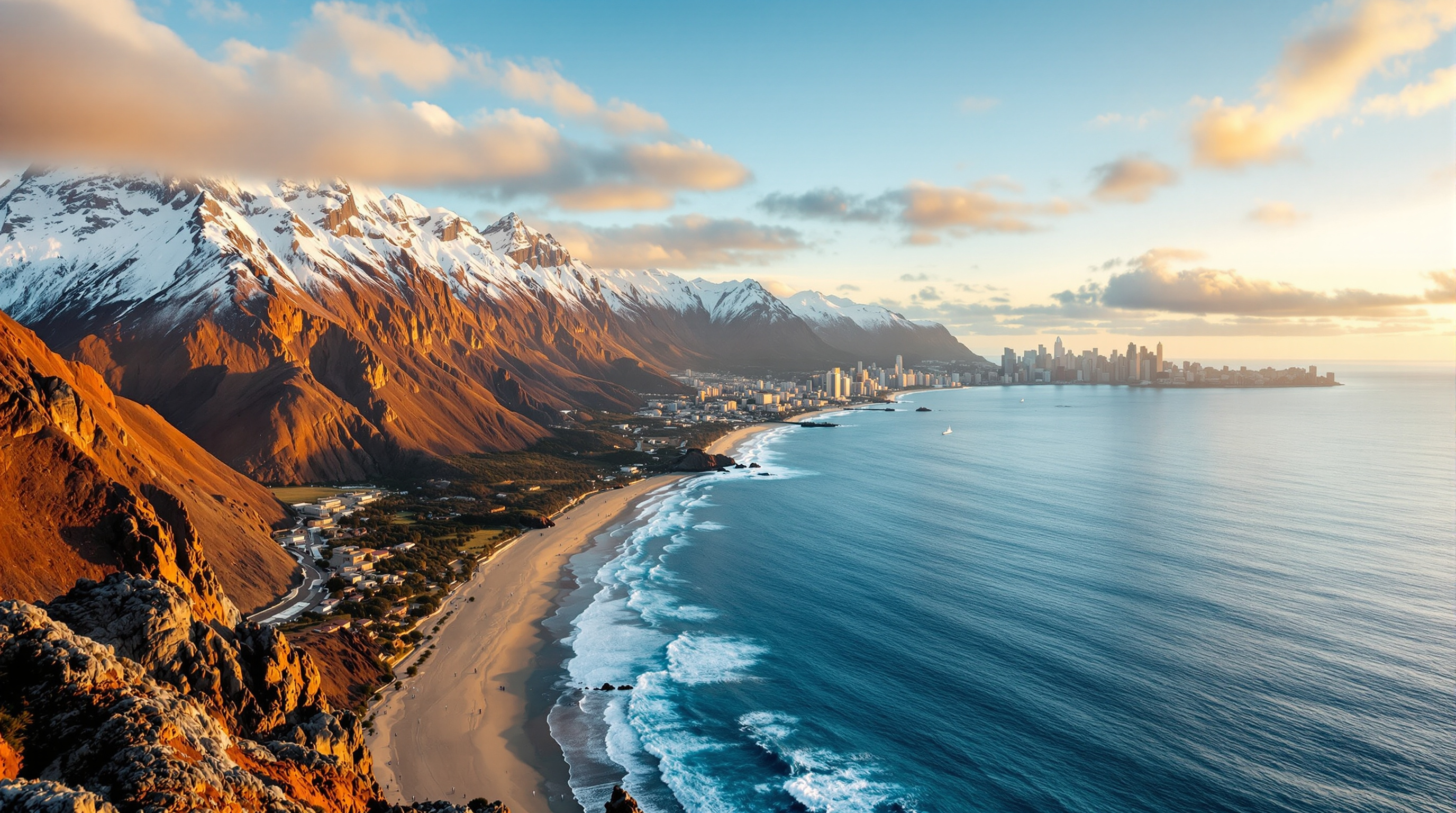 Panorama linking the Chilean Andes at sunrise with the Sydney skyline across the Pacific