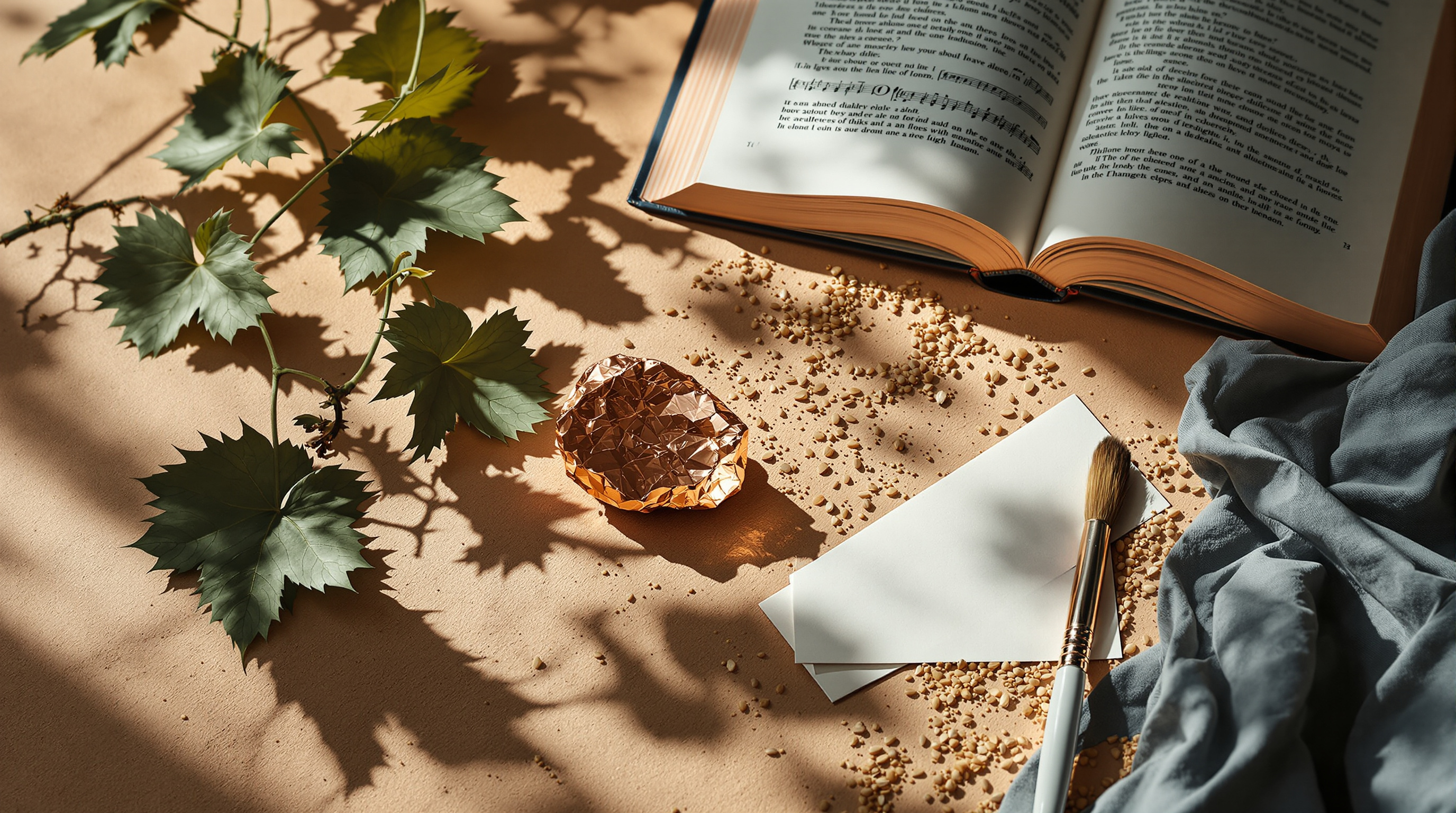 Still life symbolising Chilean contribution to Australia: copper, grapevine, paintbrush and book
